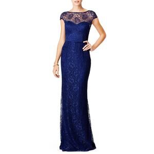 THEIA Dark Blue Metallic Floral Lace Overlay Shimmering Element Gown Size 6
